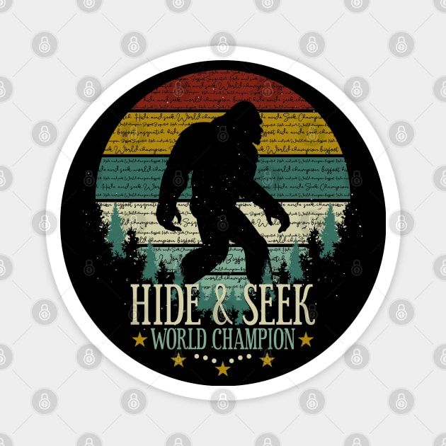 Hide and Seek World Champion Retro Vintage Bigfoot Sunset Magnet by Tesszero